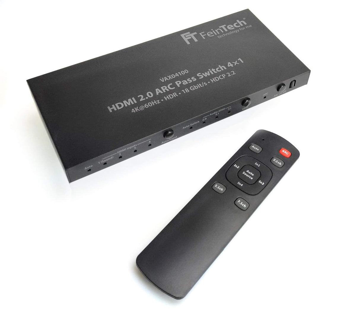 FeinTech Conmutador HDMI 2.0 ARC Pass 4x1 VAX04100, para 3 fuentes HDMI, barra de sonido y proyector de TV 4K @60Hz | HDR | 18 Gbit/s | HDCP 2.2 Dolby Atmos
