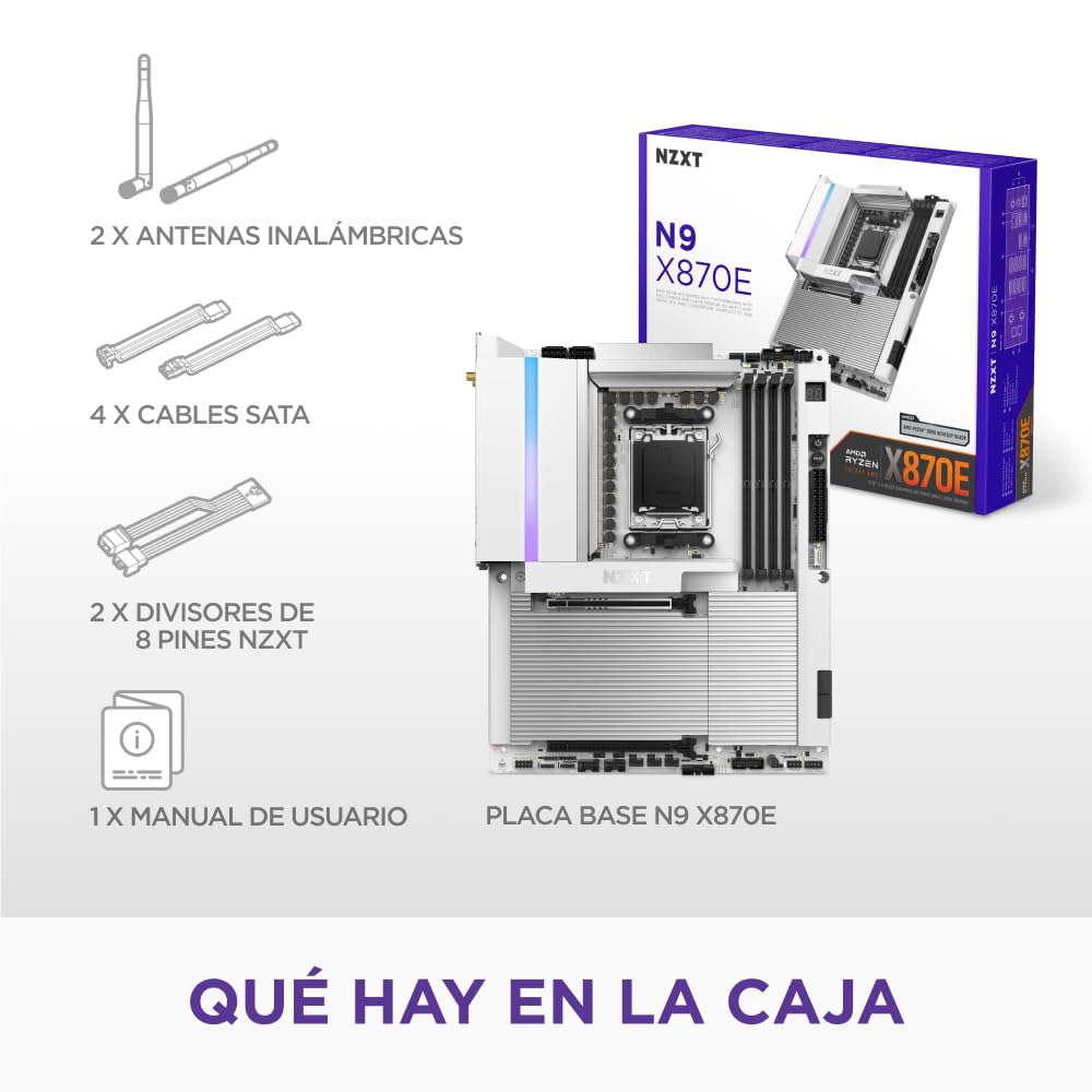 NZXT Placa Base para Juegos N9 X870E - AMD X870E AM5 ATX para Ryzen 9000/8000/7000-20+2+1, DDR5, 4X M.2, PCIe 5.0, 5GbE – Cierres de liberación rápida M.2, Cubierta de Metal Completo, PCB Blanco