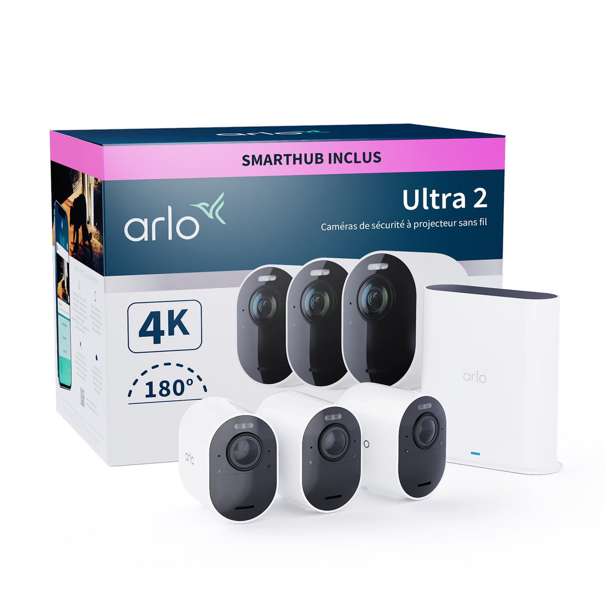 Arlo Ultra 2 Camara de Vigilancia WiFi Exterior 4K, Camara de Vigilancia WiFi Interior, Sensor de Movimiento, Alarmas Para Casa, Visión Nocturna Color, Prueba Arlo Secure Incluida , 3 Cámaras, Blancas