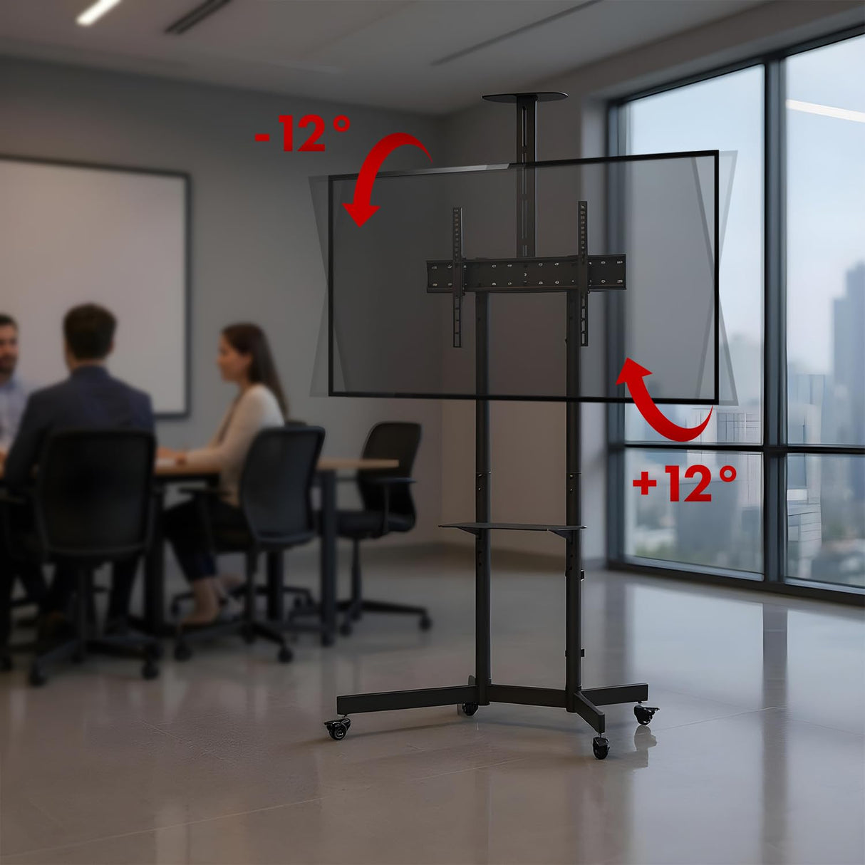 Maclean Soporte para TV sobre ruedas 37-70″ | Carrito móvil con 2 estantes ajustables en altura, estante para cámara VESA 600 × 400, gestión de cables | capacidad de carga 45 kg | acero negro | MC‑113