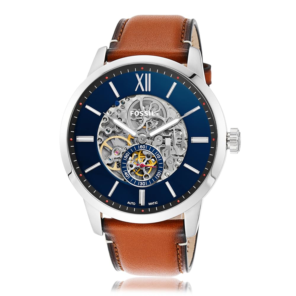 Fossil Reloj para hombre Townsman, movimiento mecánico automático, caja de 48mm de acero inoxidable plateado con correa de piel, ME3154, 48MM, Marrón y Tono Plateado