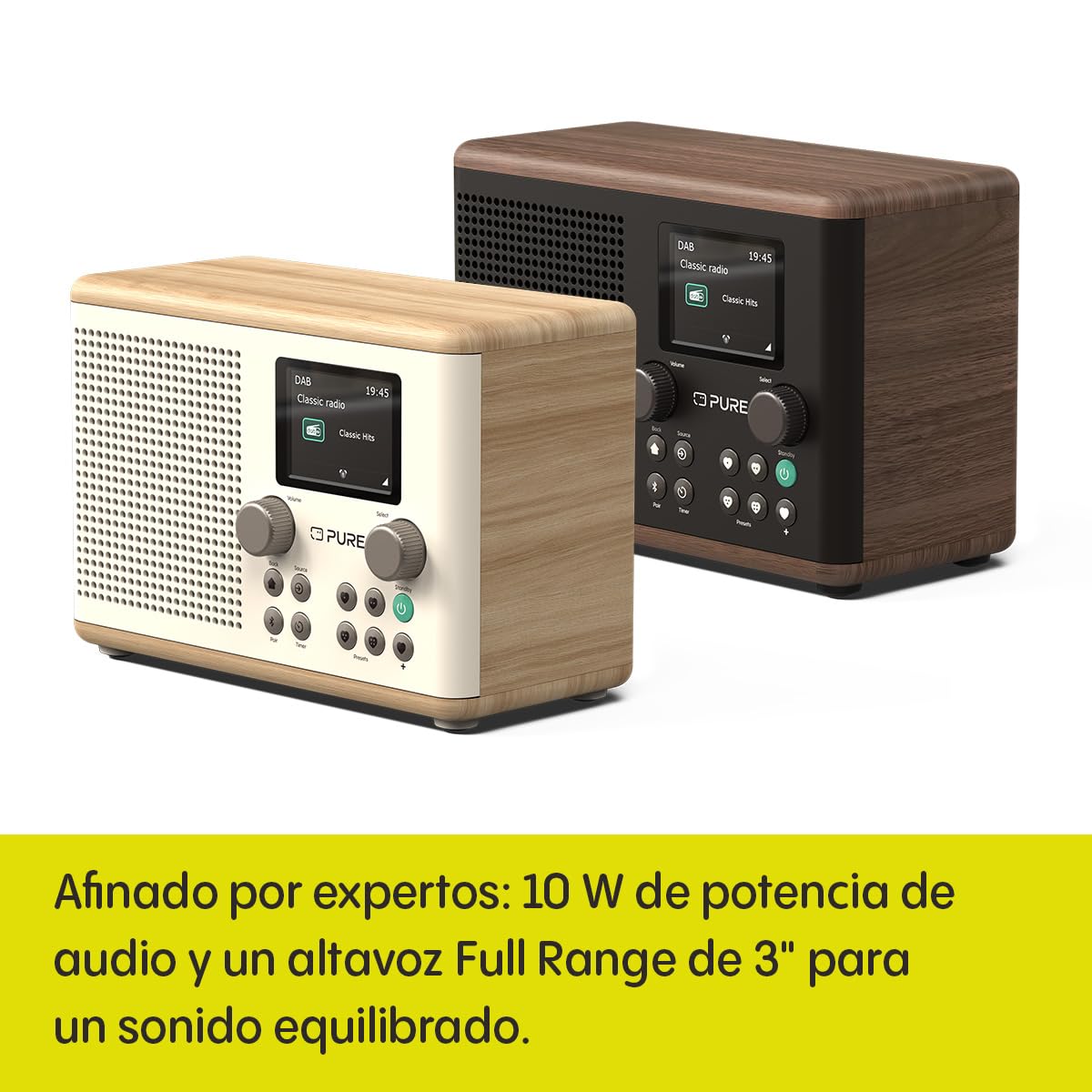 Pure Classic H4 Radio Digital de Cocina (Dab+/FM, Bluetooth, USB, AUX, Temporizador de Cocina, Alarma), Blanco Algodón/Roble