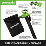 Greenworks GD40BVK2X Soplador Aspirador de Hojas a Batería con Motor sin Escobillas, 280 km/h, 9,63 m³/min, Bolsa Recogedora de 45L, Dos de las Baterías de 40V 2Ah y Cargador, Garantía de 3 Años