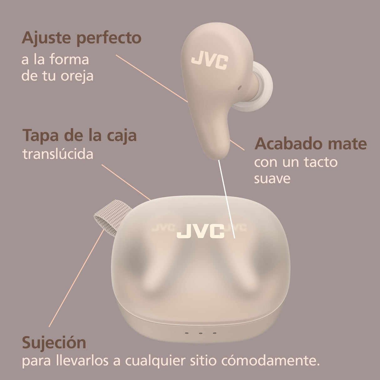 JVC Gumy Premium Auriculares Bluetooth True Wireless con Cancelación de Ruido, Bluetooth 5.4, Modo Ambiente, Baja Latencia, 26h batería, Estuche Translúcido USB-C, Marrón Mocha - HA-A23T-T