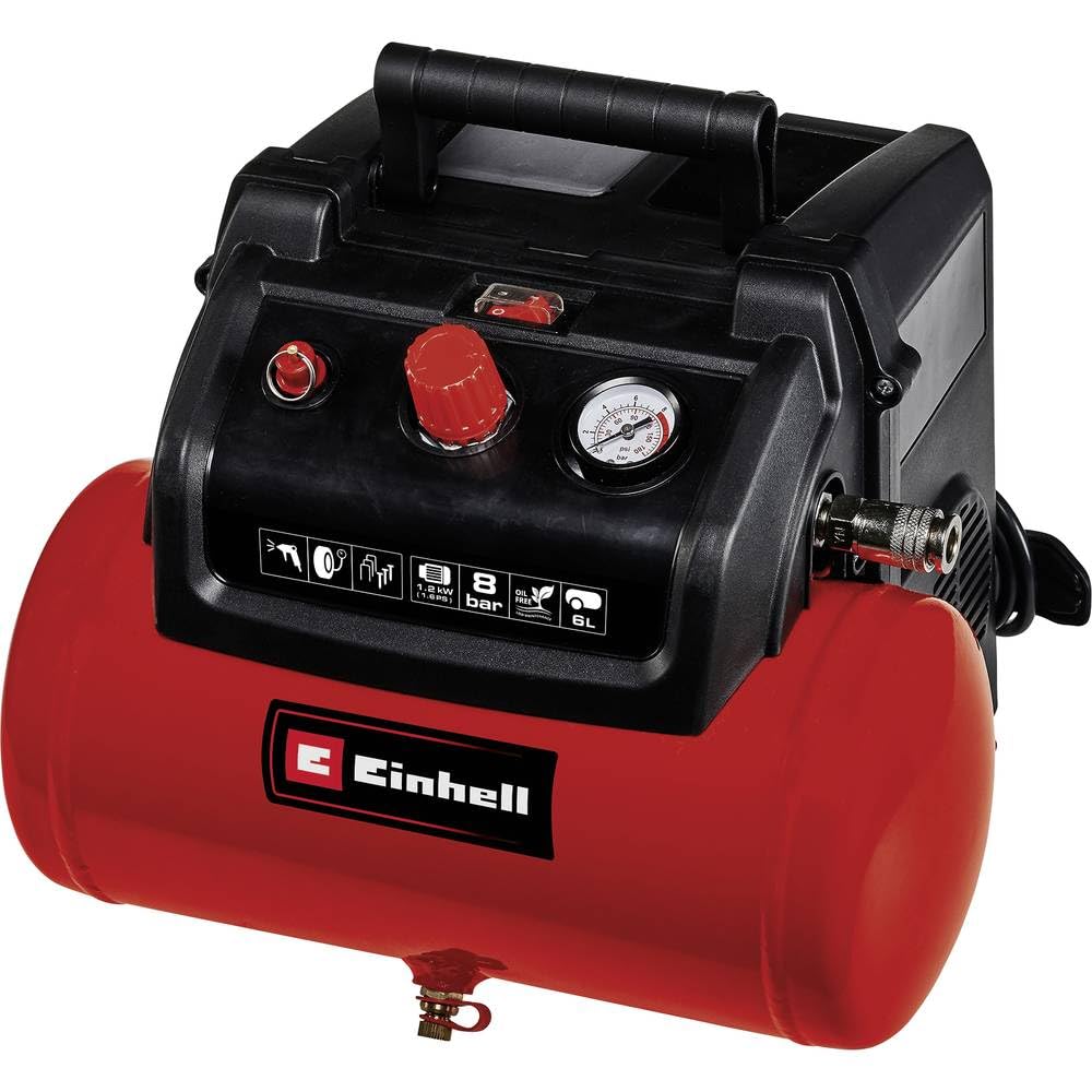 Einhell Compresor TC-AC 190/6/8 OF Set (1200 W, máx. 8 bar, depósito de 6 L, potencia de aspiración de 190 l/min, velocidad del motor 18000 min^-1, regulador de presión, manómetro, sin aceite)