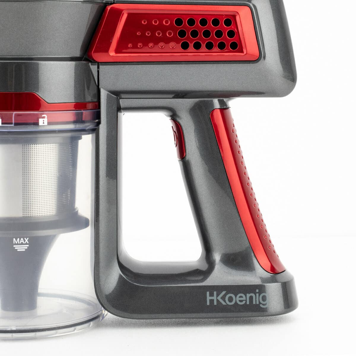 H.Koenig Aspirador de Mano y Escoba Inalámbrico Sin Bolsa UP810 PowerClean+ 2 Velocidades-Potente-Compacto-Ligero-Autónomo-Silencioso-120W-Multifunción, Rojo