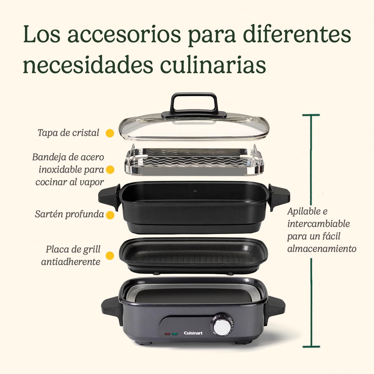 Cuisinart Robot de Cocina Multifunción 5 en 1 | Asar, dorar, cocer al vapor, cocinar y hervir a fuego lento | Antiadherente, placas y sartenes intercambiables | Apilable, fácil de guardar | Gris