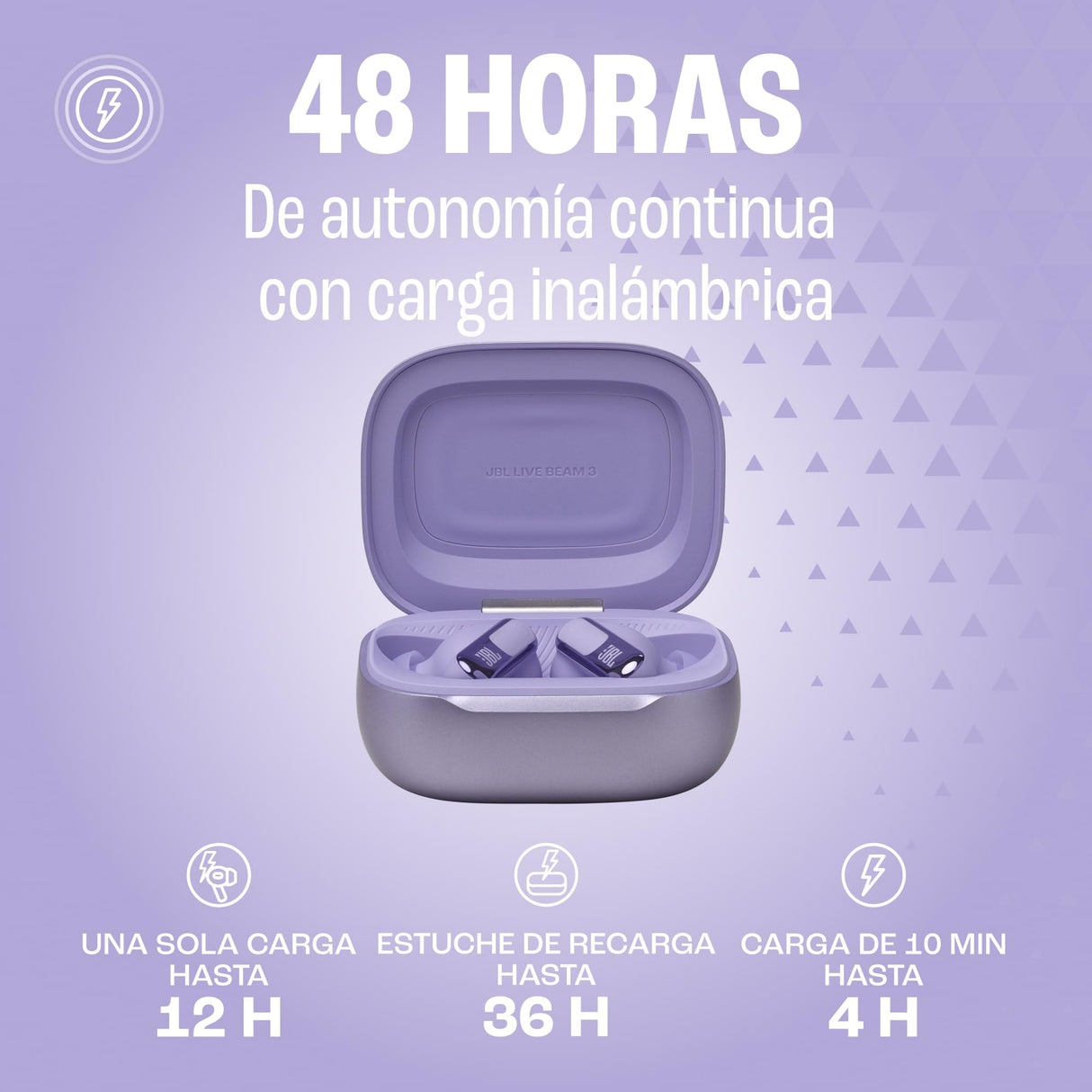 JBL Live Beam 3 Auriculares inalambricos de botón con almohadillas,True Wireless con cancelación de ruido adaptable, hasta 48 horas de reproducción, Bluetooth, audio de alta resolución, violeta