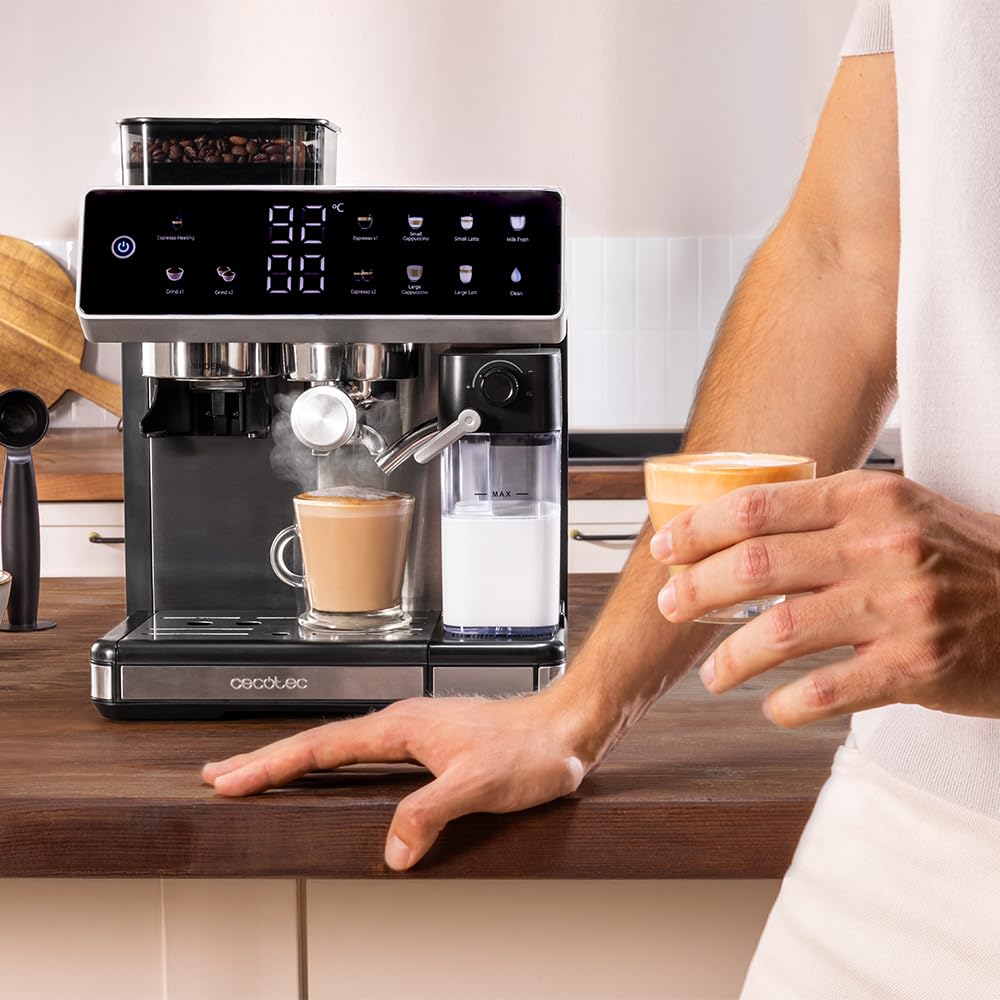 Cecotec Cafetera Express Barista Power Espresso 20 Barista Grind & Latte. 1350W, 20 Bares, Molinillo Cónico, 2.6L Depósito Agua, 100g Café y 500ml Leche, Pantalla Táctil, Autolimpieza, Personalizado
