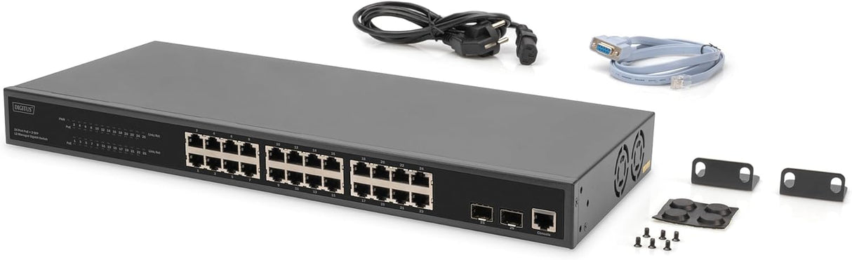 DIGITUS 27 Port Managed Gigabit PoE Network Switch - 24 Ports RJ45-2 SFP Ports - 1 Console Port - 450W PoE Budget - Features L2-19 Inch