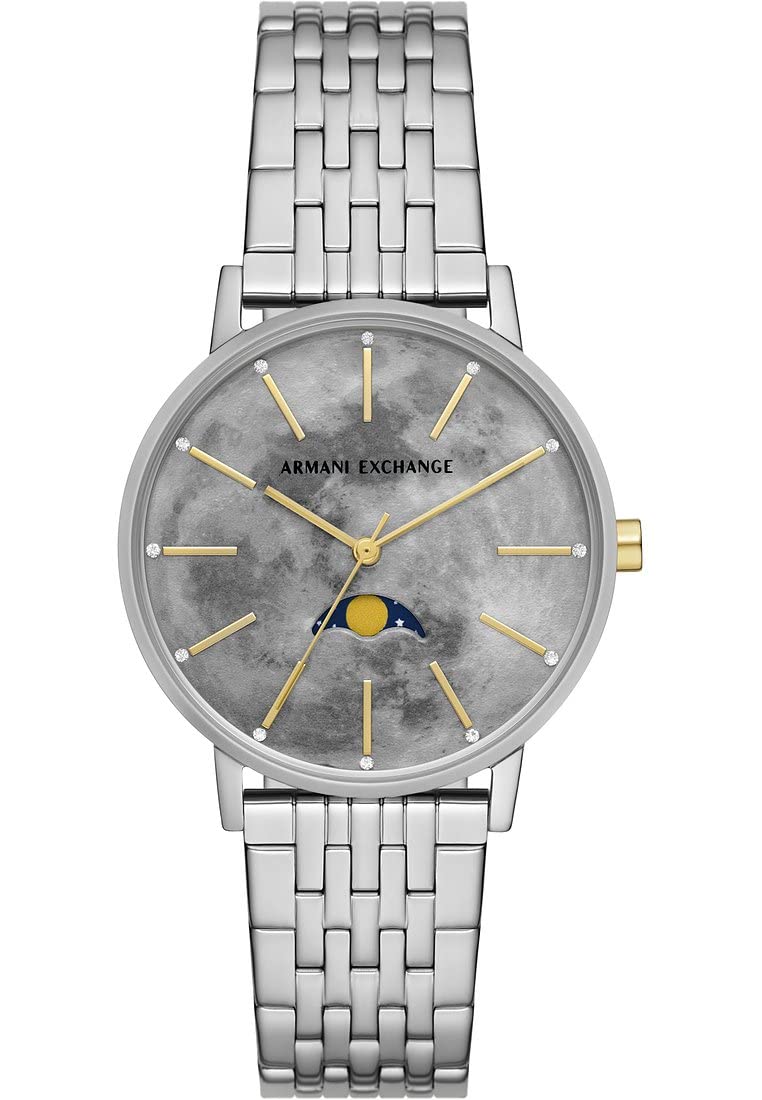 Armani Exchange Reloj de Mujer, Movimiento de Cuarzo/múltiple, Caja de 36MM de Acero Inoxidable Plateado con Correa de Acero, AX5585, Tono Plateado y Grunge