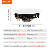VEVOR Altavoces de Techo de 205 mm, 200 W, Altavoces de Techo y de Pared de Montaje Empotrado con 8 Ω Impedancia 89 dB de Sensibilidad para Hogar, Sala de Estar, Dormitorio o Porches Cubiertos