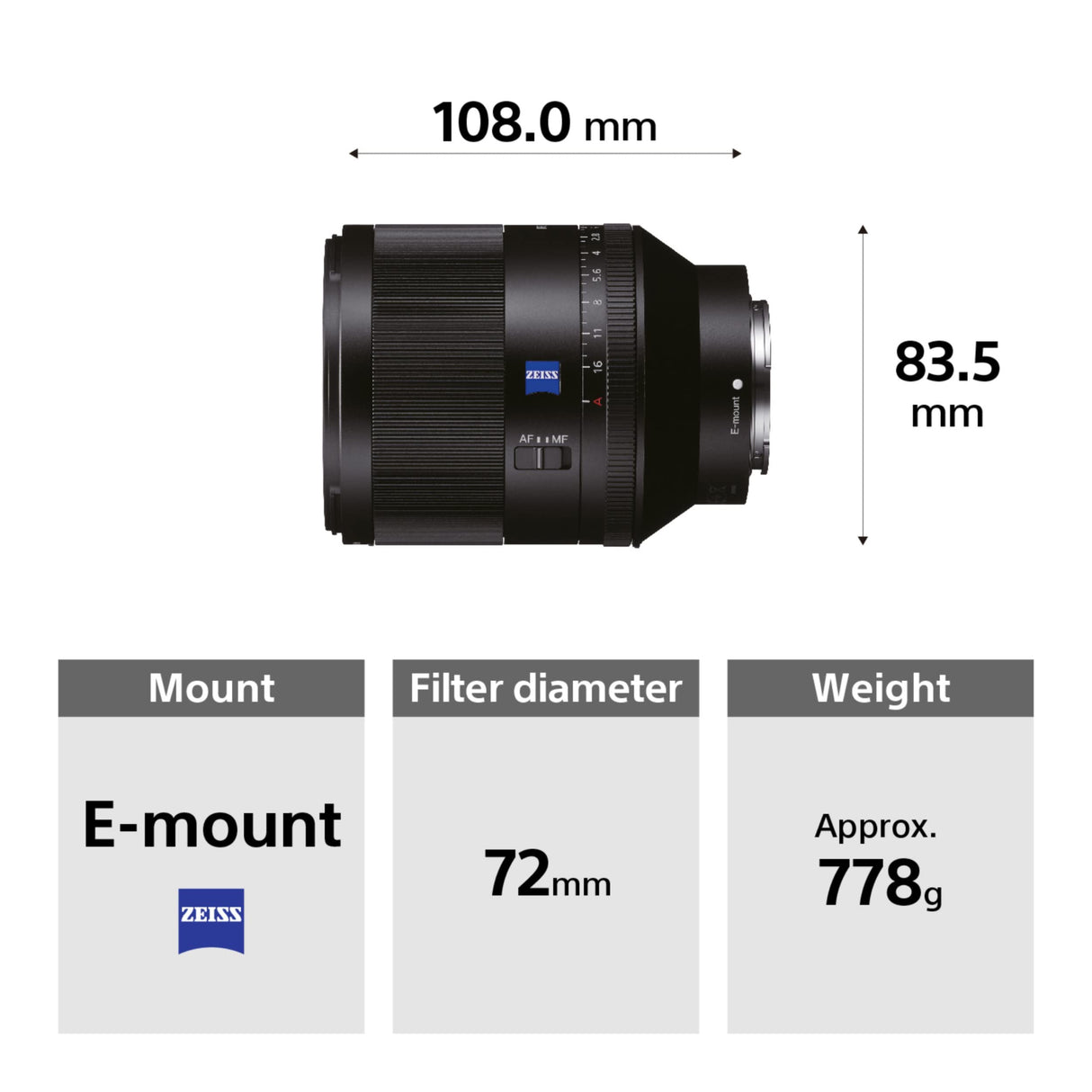 Sony Planar T FE 50mm f/1.4 Zeiss - Full-Frame, Rango Medio, Objetivo Prime (SEL50F14Z)