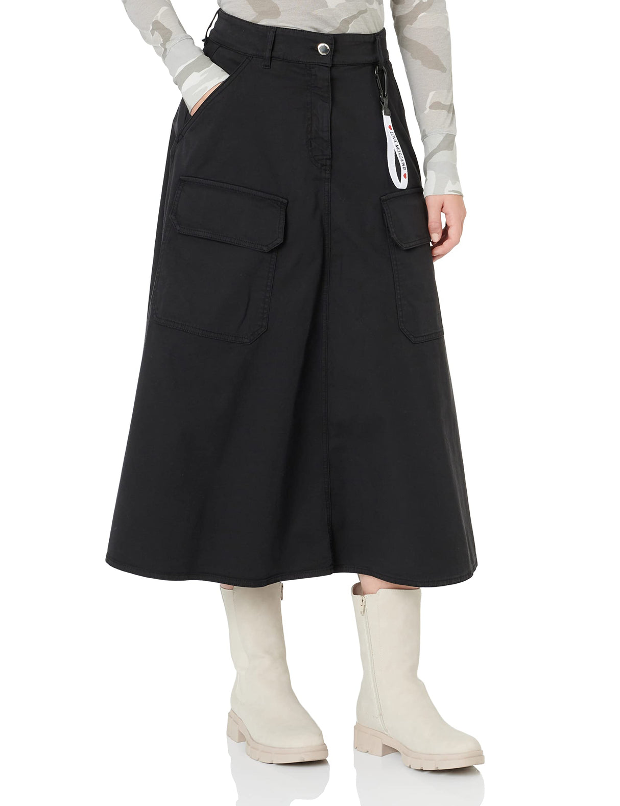 Love Moschino Canvas with Patch Pockets Falda Midi con Bolsillos de Parche, Black, 42 De Las Mujeres