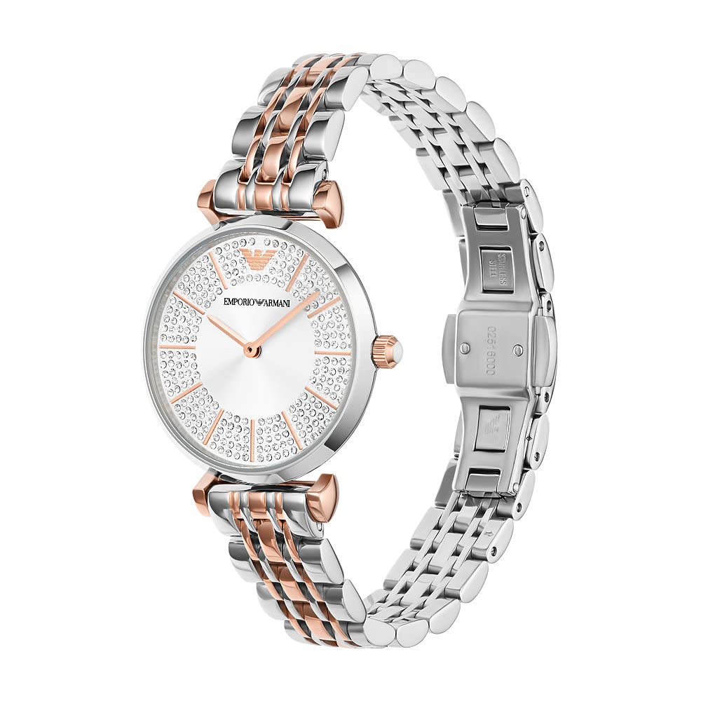Emporio Armani Reloj de mujer, Movimiento de dos manecillas, 32MM 2T Caja de acero plateado/rosa con correa de acero, AR11537, Purpurina tono oro rosa y tono plata