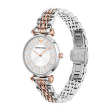 Emporio Armani Reloj de mujer, Movimiento de dos manecillas, 32MM 2T Caja de acero plateado/rosa con correa de acero, AR11537, Purpurina tono oro rosa y tono plata