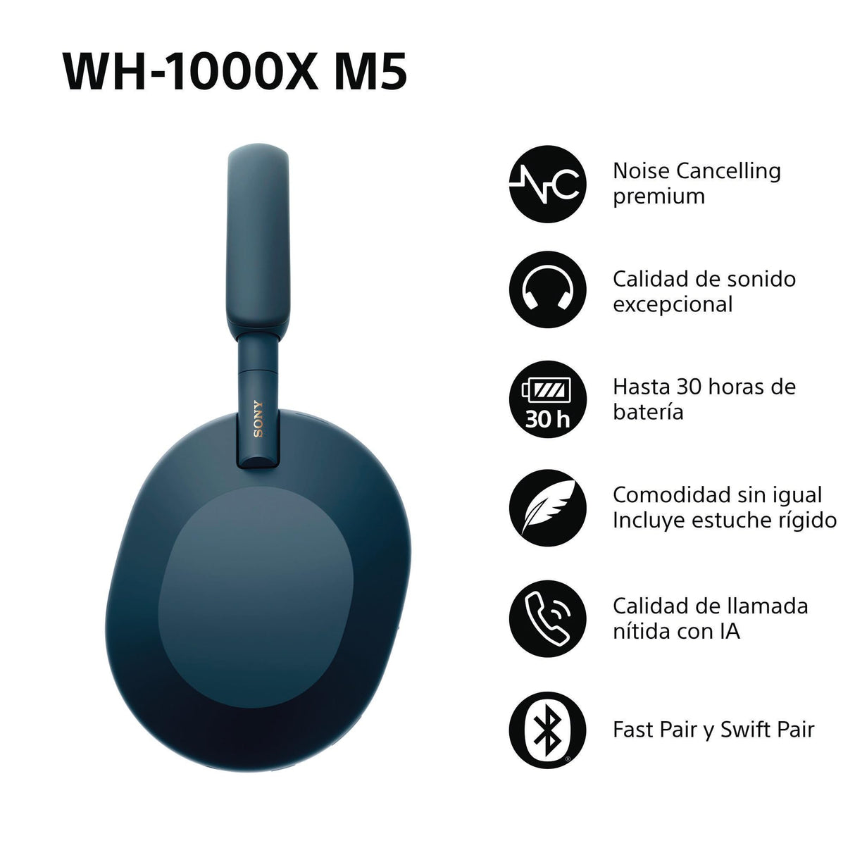 Sony WH-1000XM5 Auriculares de Diadema inalámbricos Premium con Noise Cancelling, Bluetooth, Llamadas, Hi-Res, 30 h de batería, Incluye Estuche rígido, iOS, Android - Azul Medianoche