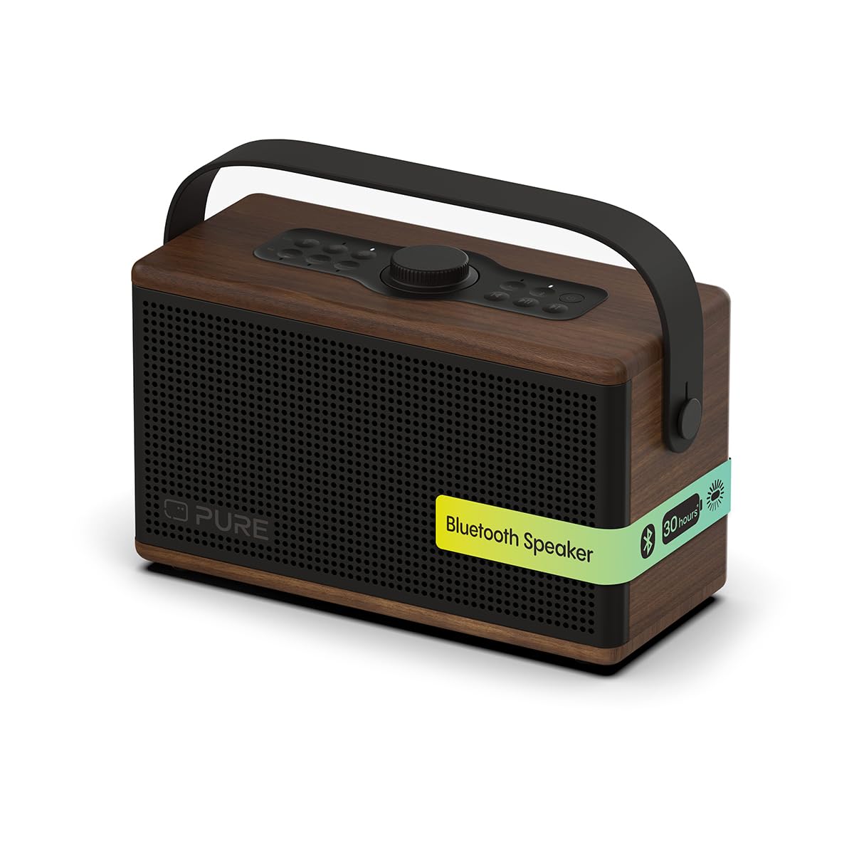 Pure Classic Aura Altavoz Bluetooth portátil 40W con batería 10000mAh, función Powerbank, Luces ambientales, 30h autonomía, USB-C, Entrada AUX, Resistente a Salpicaduras IPX2 – Marrón Café/Nogal
