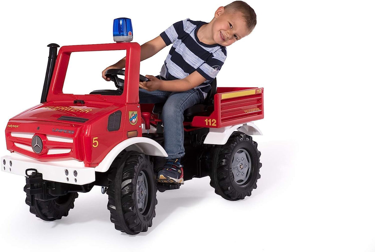 Rolly Toys Fire Unimog 038275 - Camión de Bomberos edición 2020 con Remolque (Coche a Pedales de 3 a 8 años, jeringuilla, Intermitente, Cambio de Marchas, Freno)