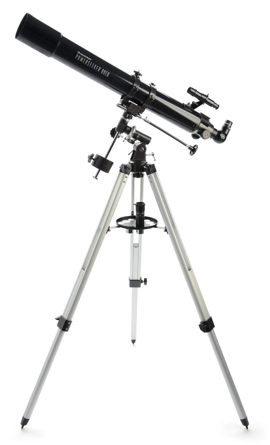 Celestron 21048 PowerSeeker 80EQ Telescopio Refractor: Incluye Dos oculares, Diagonal de Imagen Recta, Lente Barlow de 3 aumentos, trípode Ajustable en Altura y Bandeja de Accesorios de Lujo, Negro