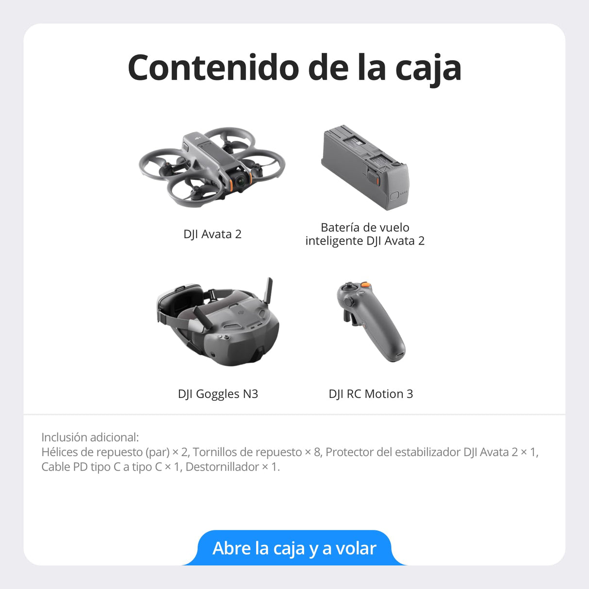 Pack DJI Avata 2 Vuelo Inteligente (una batería), dron FPV con cámara 4K, experiencia inmersiva, acrobacias con un toque, protector de hélices integrado, dron con cámara con Goggles N3 y RC Motion 3