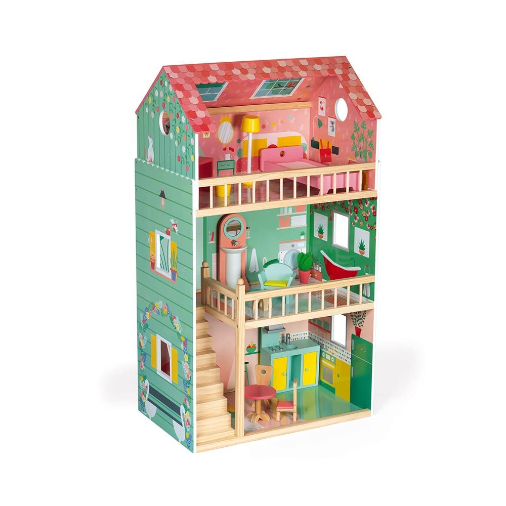 Janod - Happy Day - Casa de Muñecas en Madera, 3 Plantas y 12 Accesorios Incluidos, Juego de Imitación, Desarrollo de La Imaginación - Desde Los 3 Años, J06580