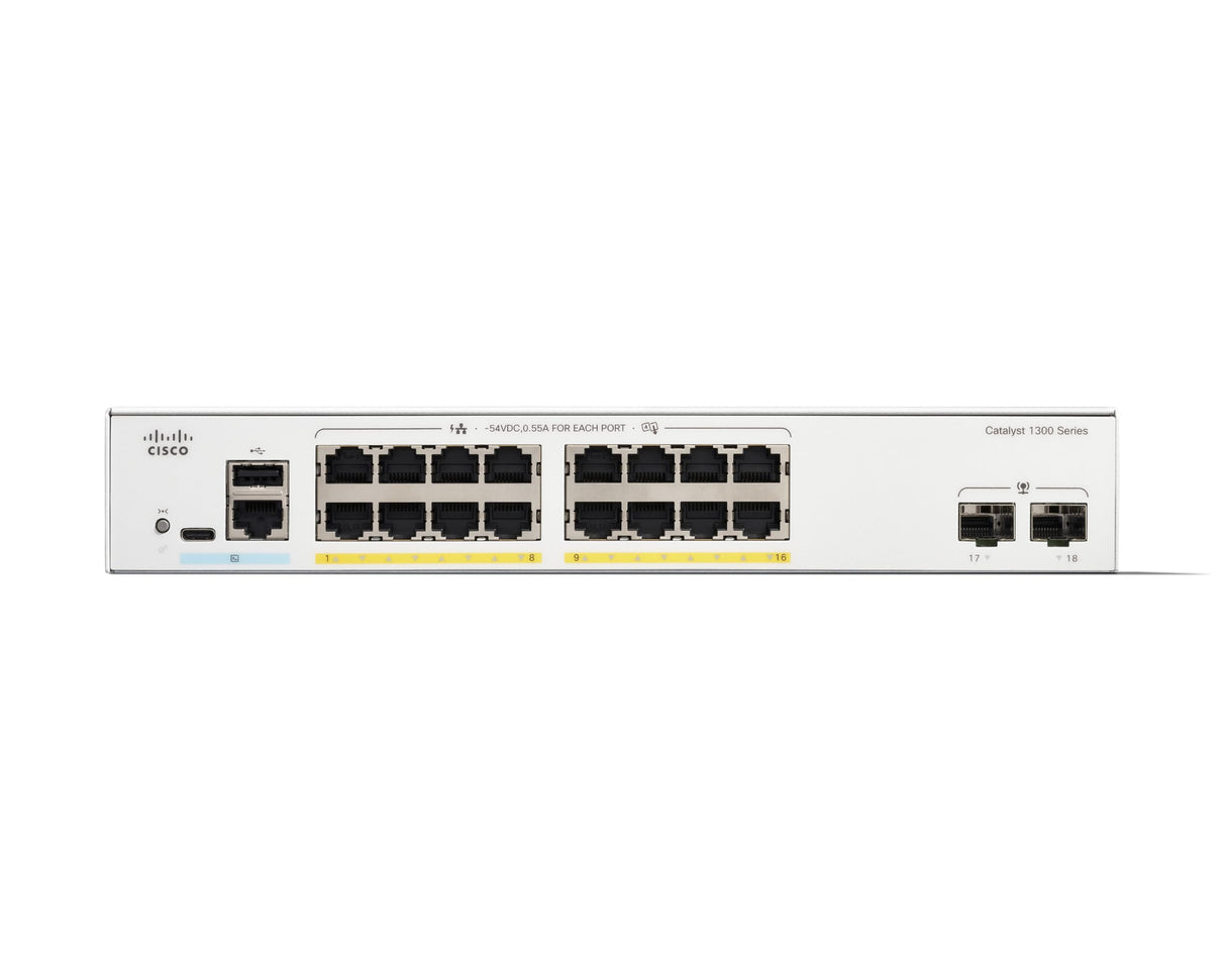 Cisco Switch administrado Cisco Catalyst 1300-16FP-2G, GE de 16 Puertos, PoE Completo, SFP GE 2x1, protección Limitada de por Vida (C1300-16FP-2G)