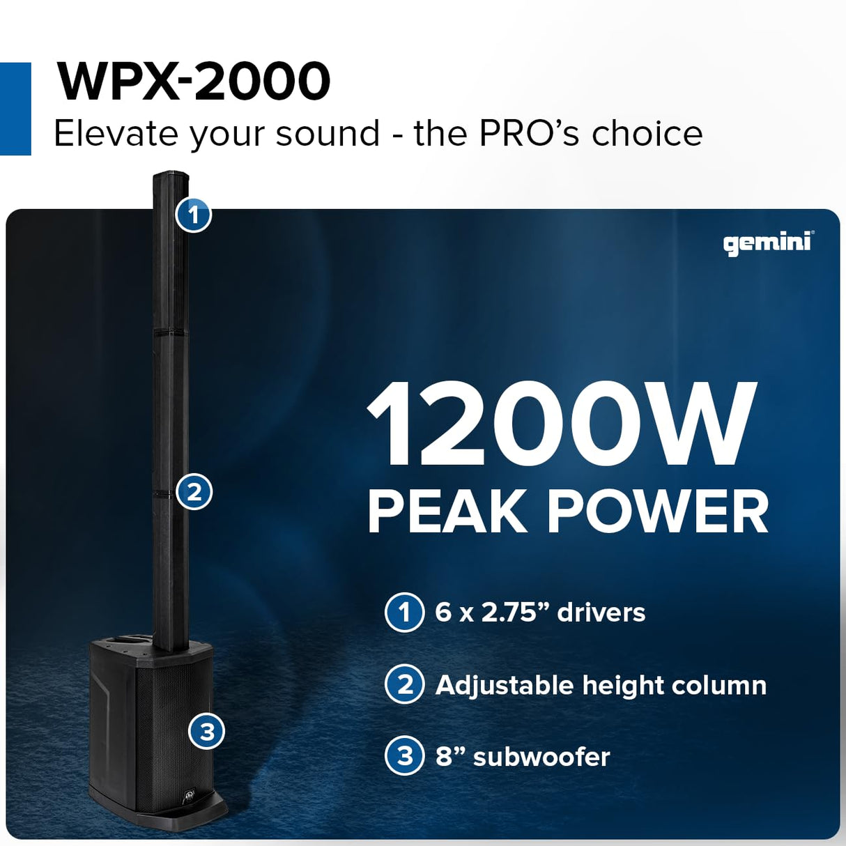 Gemini Sound Wpx-2000 Altavoz Modular Line Array, 1200W Potencia Pico, PA Portátil, Bluetooth Streaming, TWS Link, Reverb Ajustable y Drivers de Neodimio de Alta Fidelidad