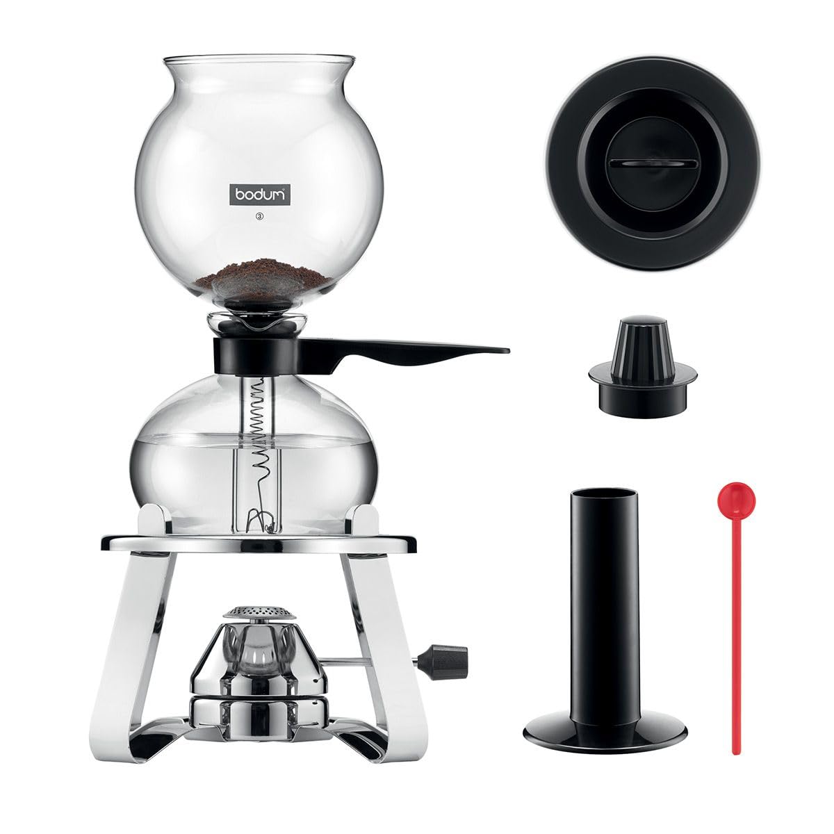 Bodum - K1218-16 - Pebo - Cafetera Alambique 8 Tazas - 1,0 l + con Calentador de Gas y Accesorios