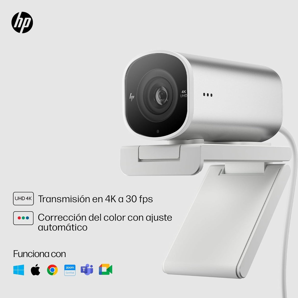 HP Webcam 960 4K - UHD, 3840 x 2160, Videoconferencias, Autoenfoque, Micrófono Integrado, Windows Hello, Teams, Zoom, Google Meet, Twitch, Youtube, Streaming - Color Plata