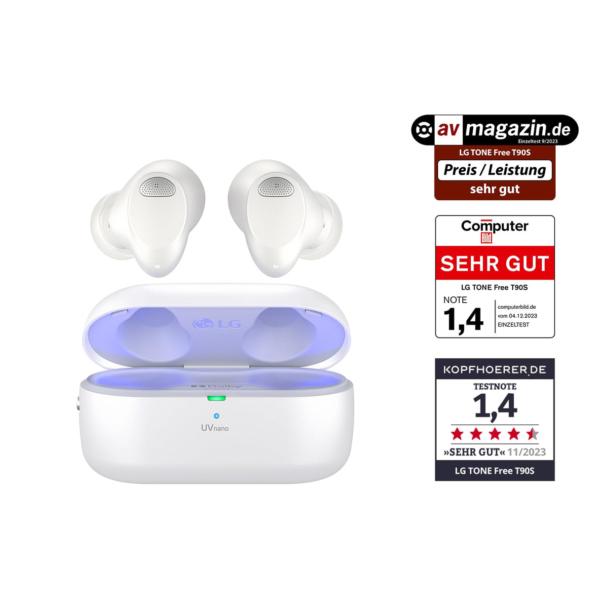 LG Auriculares intraurales Bluetooth Tone Free T90S con Sonido Dolby Atmos, tecnología Meridian, cancelación Activa de Ruido (ANC), y UVnano+, Blanco
