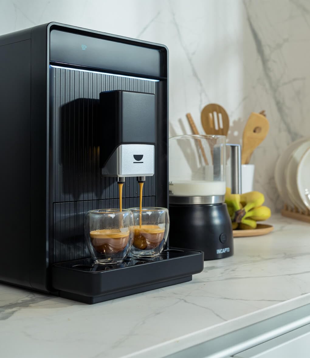 Incapto Aura Cafetera Superautomática | 19 Bares | Botón Doble Espresso | Cafetera de Grano Compacta y Diseño Elegante | Molinillo Regulable | Limpieza automática | Múltiples recetas (Negro)