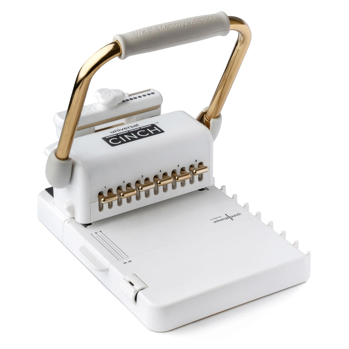 WRMK 60001185 Universal Cinch Máquina de encuadernación profesional, 20 tipos de encuadernaciones, guía de calibración y regla de centrado, blanco y dorado