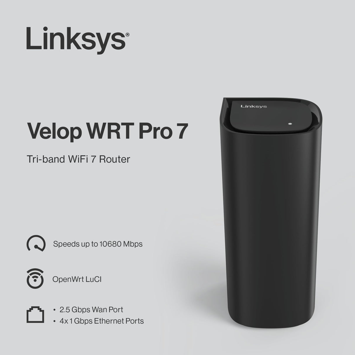 Linksys Velop Wrt Pro 7 - Router WiFi 7 tribanda, velocidades de hasta 10 680 Mbps, OpenWrt LuCI, Puerto WAN de 2,5 Gbps y 4 Puertos Ethernet de 1 Gbps