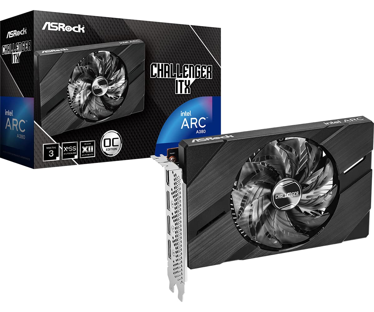 ASRock Intel ARC A380 Challenger ITX 6GB OC, 6GB DDR6, PCIe4, HDMI, 3 DP, Reloj de 2250 MHz, refrigeración de 0 dB, diseño Compacto