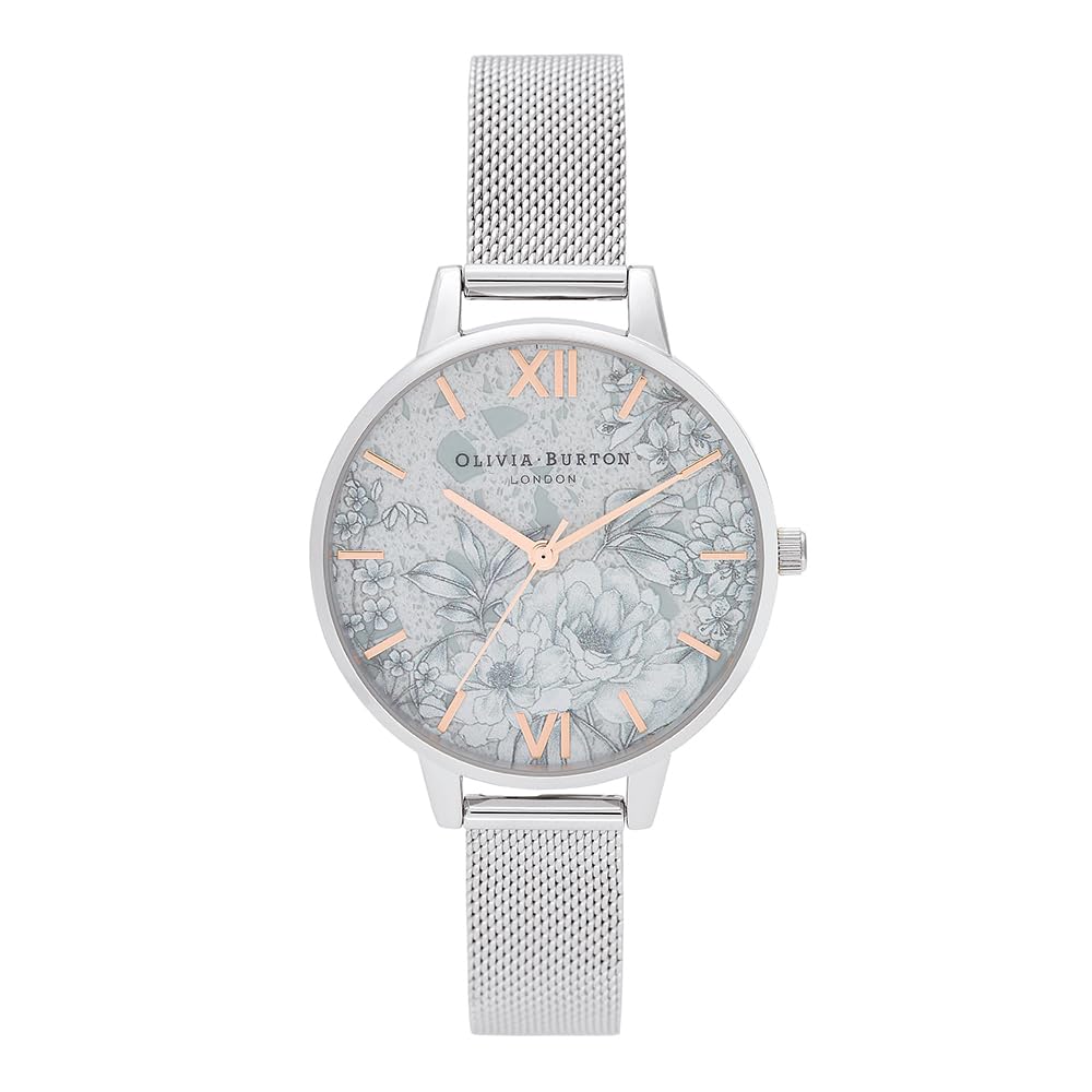Olivia Burton Reloj Analógico de Cuarzo para Mujer Colección TERRAZZO Florals con Correa de Malla de Acero Inoxidable Plateada - OB16TZ06