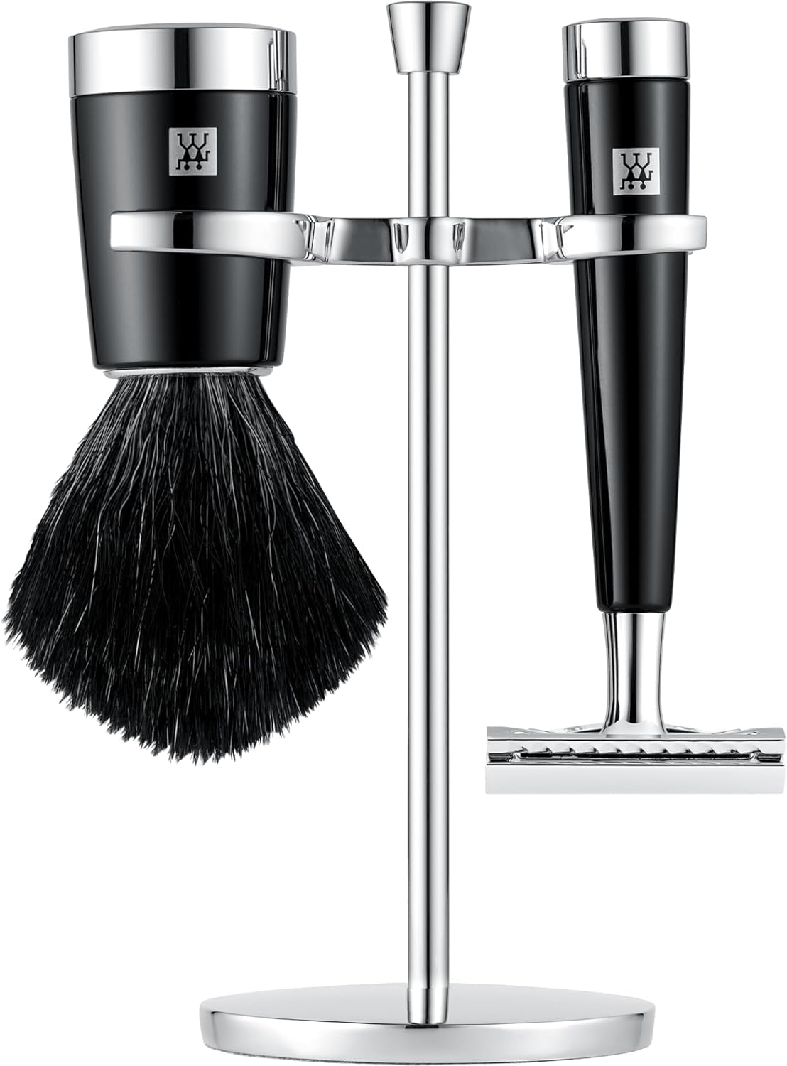 ZWILLING Juego de maquinilla de afeitar con maquinilla de afeitar clásica (3 piezas con brocha de afeitar y soporte, aptas para todas las hojas de afeitar, set de regalo), negro