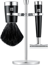 ZWILLING Juego de maquinilla de afeitar con maquinilla de afeitar clásica (3 piezas con brocha de afeitar y soporte, aptas para todas las hojas de afeitar, set de regalo), negro