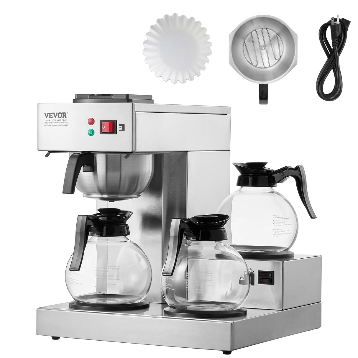VEVOR Cafetera de Goteo Comercial Máquina de Café con 3 Jarras de Vidrio y 3 Placas Calentadoras Cafetera de Acero Inoxidable con Entrada Automática de Agua para Restaurante, Oficina, Cafetería
