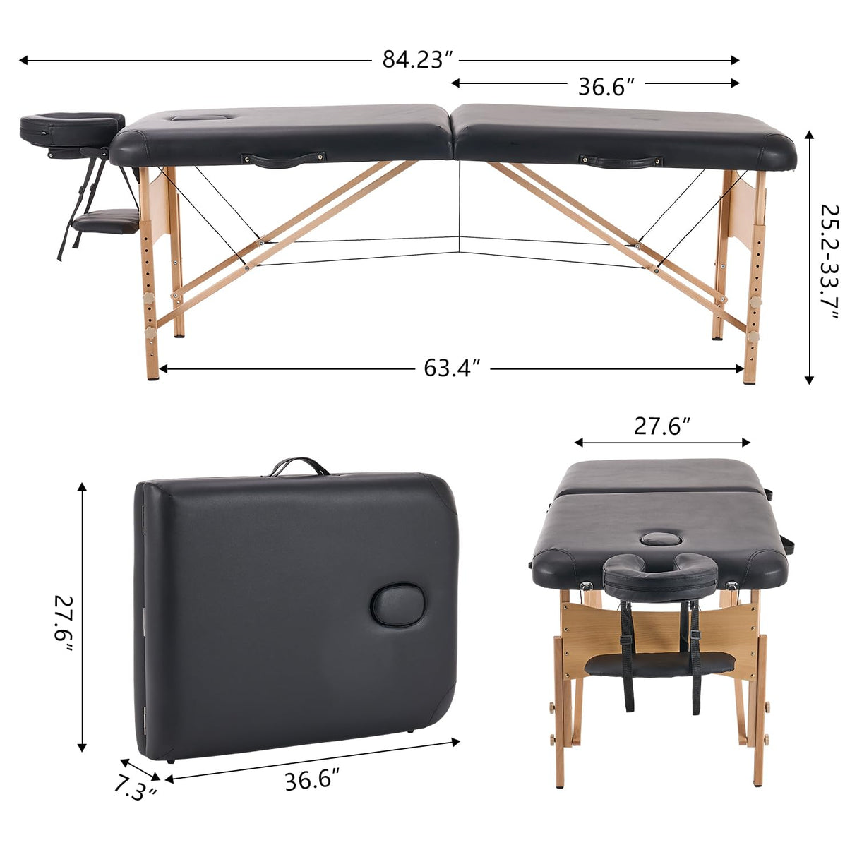 YOUNIKE Camilla Masaje Negro Plegable 2 Zonas Profesional Portátil Carga 250kg 186×70cm Altura Ajustable de Madera Haya para Belleza Tatuaje SPA con Bolsa de Transporte