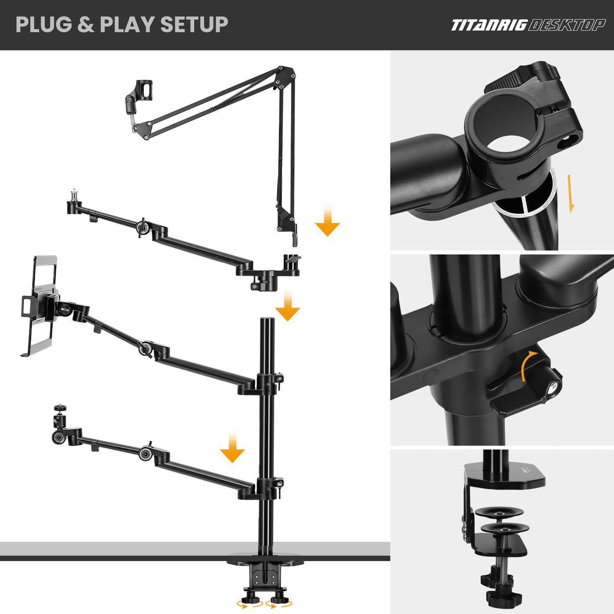 TARION Soporte Camara Mesa Brazo: Soporte para Camara de Escritorio Flexible Overhead Camera Mount Rig Fotografia con Brazo Articulado para Luz de Anillo Micrófono Video Titanrig(Conjunto de Mesa)