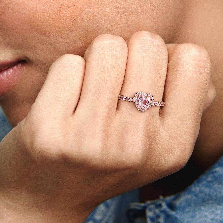 Pandora Timeless Anillo con diseño de corazón chapado en oro rosa de 14 quilates con cristal rosa orquídea y elegante circonita cúbica rosa fantasía, talla 56