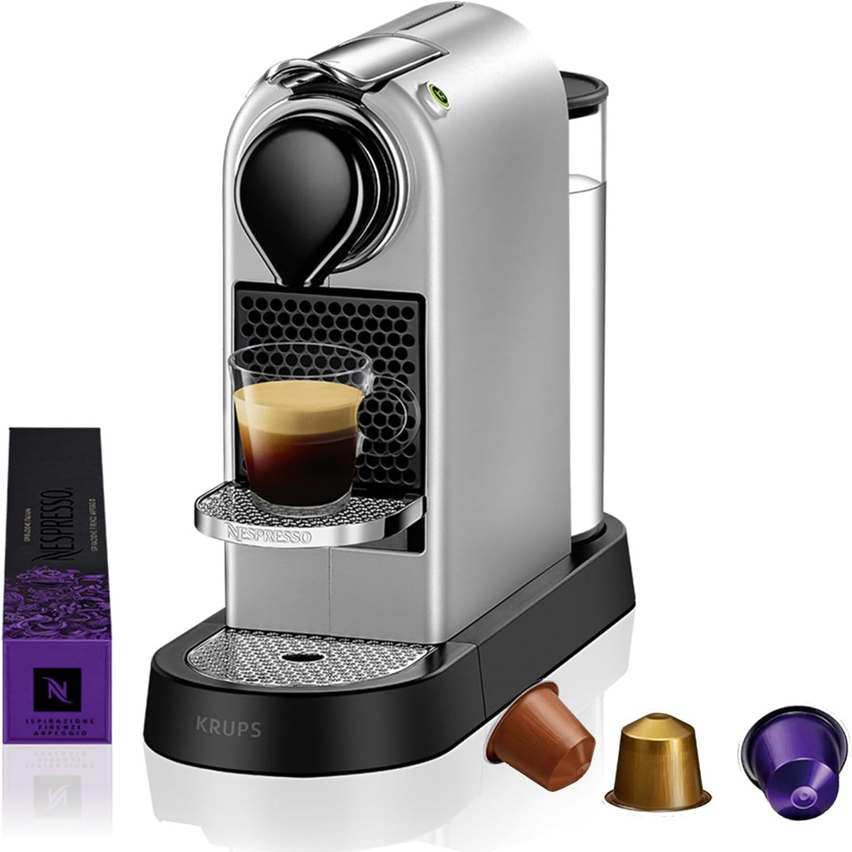 Krups Nespresso Citiz - cafetera de cápsulas monodosis, con 19 bares de presión, thermoblock, función automática con botones retroiluminados, color Plata, modo Eco, Incluye kit bienvenida