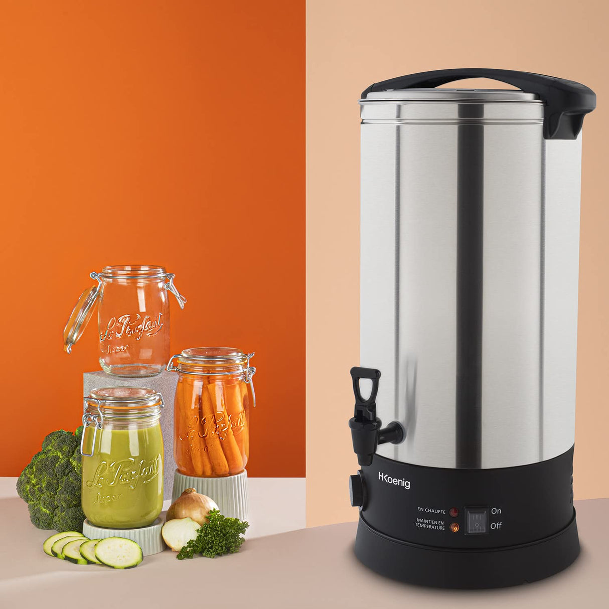 H.Koenig multifunción LEGI25, esterilizador de tarros y preparación de Recetas Calientes, 25 l, 30 – 110 °C, Temporizador hasta 120 min, Acero Inoxidable, 2500 W, 25 litros