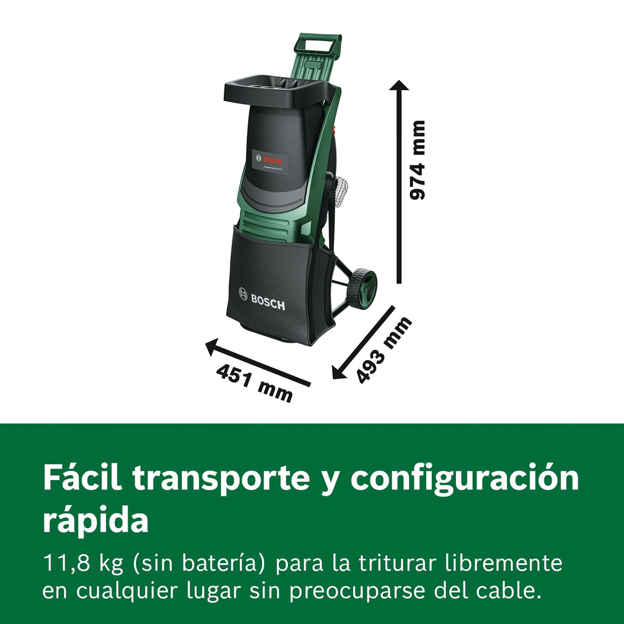 Bosch Trituradora a batería UniversalShredder 2x18V-25 (cuchillas de acero endurecido, corta ramas de hasta 25 mm, motor sin escobillas, incluye 2 baterías de 18V 4.0Ah, bolsa de 28 l, cargador)