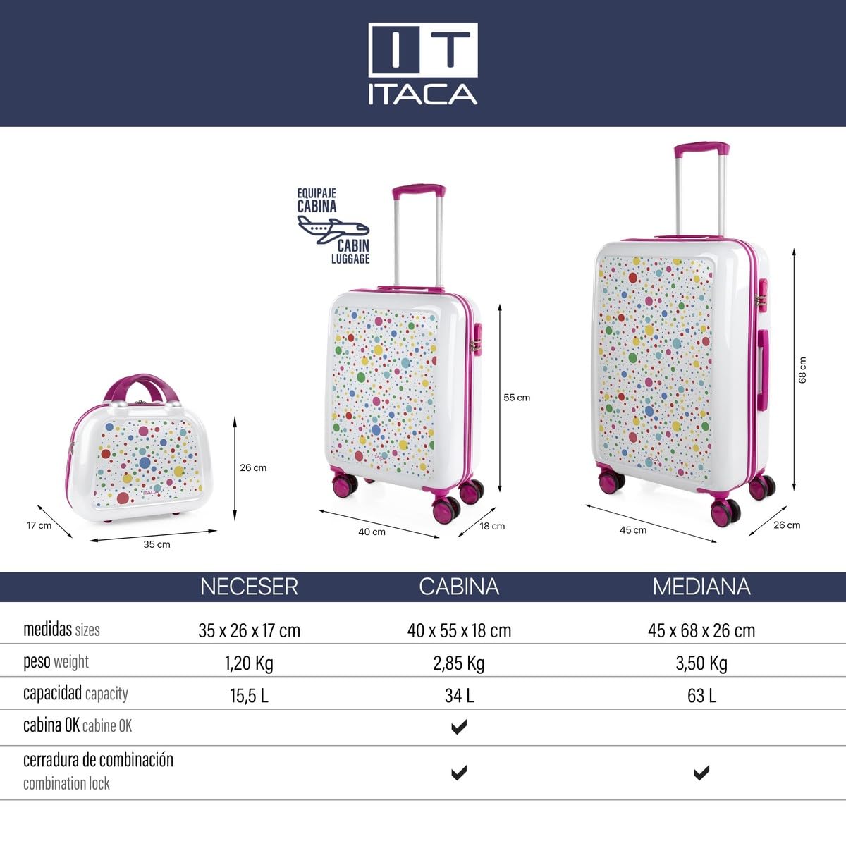 ITACA - Maleta Mediana rígida con 4 Ruedas giratorias, Cierre Seguro Candado de Combinación y diseño Resistente, Apta para 23 Kilos Viajes Largos y escapadas. con Neceser, Blanco