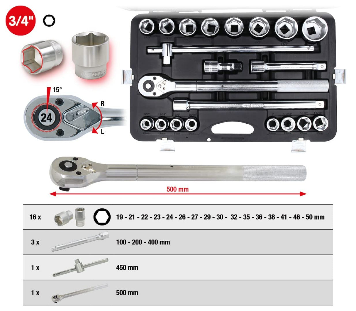 KS Tools 911.0721 3/4" Juego de llaves de vaso 21 pzs.