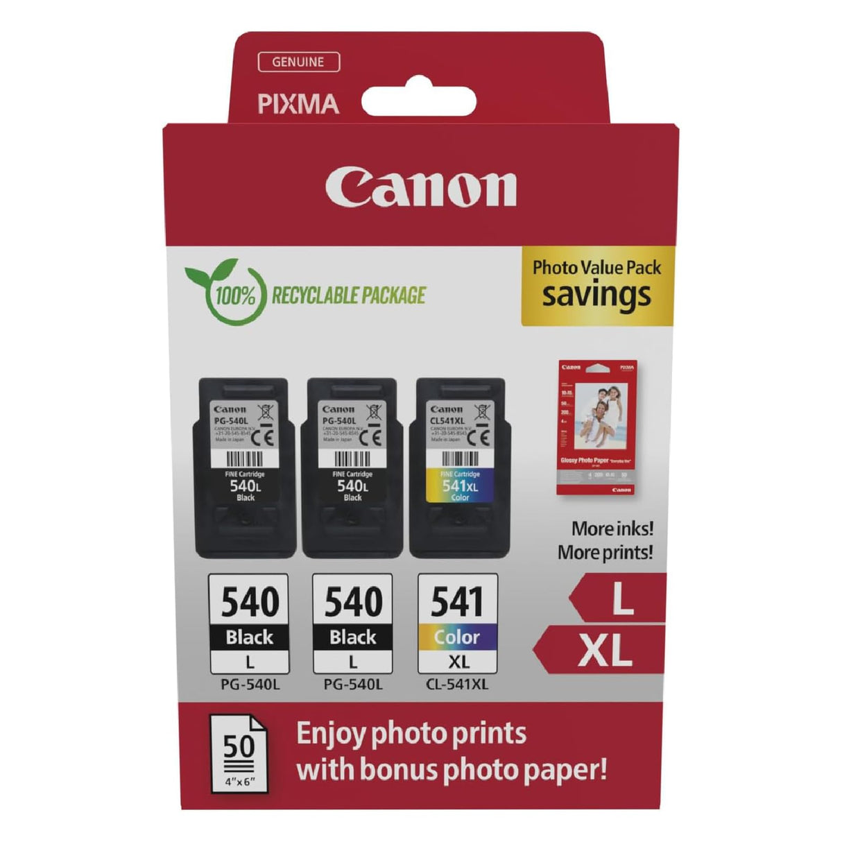 Canon Tinta y Papel - PG-540L + CL-541XL - Pack de 3 Cartuchos Originales - (x 2 Negro, x 1 Tricolor) + Papel fotográfico 10 x 15 cm (50 Hojas)