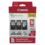Canon Tinta y Papel - PG-540L + CL-541XL - Pack de 3 Cartuchos Originales - (x 2 Negro, x 1 Tricolor) + Papel fotográfico 10 x 15 cm (50 Hojas)