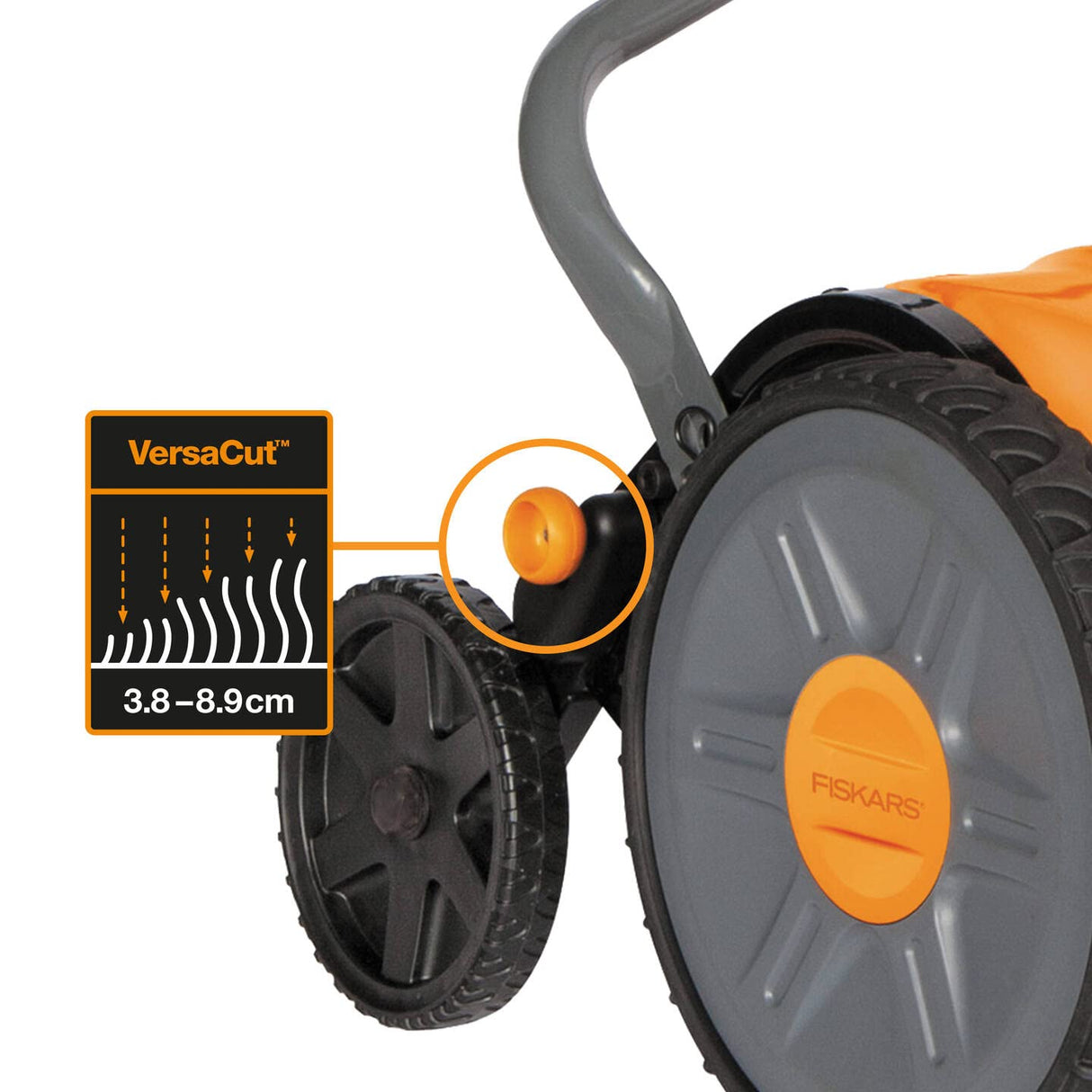 Fiskars Cortacésped manual, Cortacésped cilíndrico con sistema de corte sin fricción de las cuchillas, Largo de corte: 43 cm, StaySharp Plus, Negro/Naranja/Plateado, 1015649